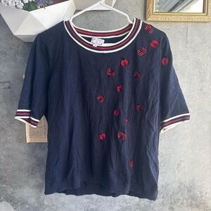 Oprah x Talbots Navy Short Sleeve Tee with Red Ladybug Embroidery